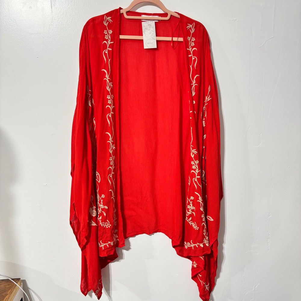 Nectar Clothing Coral Embroidered Kimono Cardigan Duster Open Front Sheer S M - Picture 2 of 11